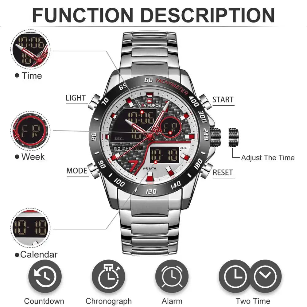 NAVIFORCE NF9171 Mens Digital Quartz Watch, LED, Stainless Steel, 45mm, Waterproof, Chronograph - STRAPS