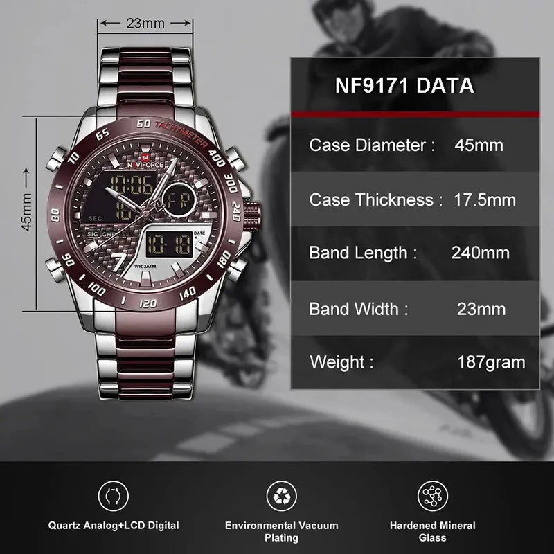 NAVIFORCE NF9171 Mens Digital Quartz Watch, LED, Stainless Steel, 45mm, Waterproof, Chronograph - STRAPS