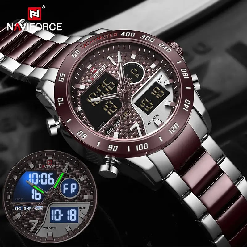 NAVIFORCE NF9171 Mens Digital Quartz Watch, LED, Stainless Steel, 45mm, Waterproof, Chronograph - STRAPS