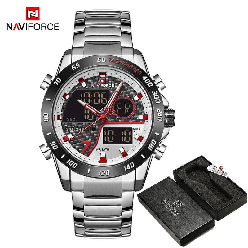 NAVIFORCE NF9171 Mens Digital Quartz Watch, LED, Stainless Steel, 45mm, Waterproof, Chronograph - STRAPS