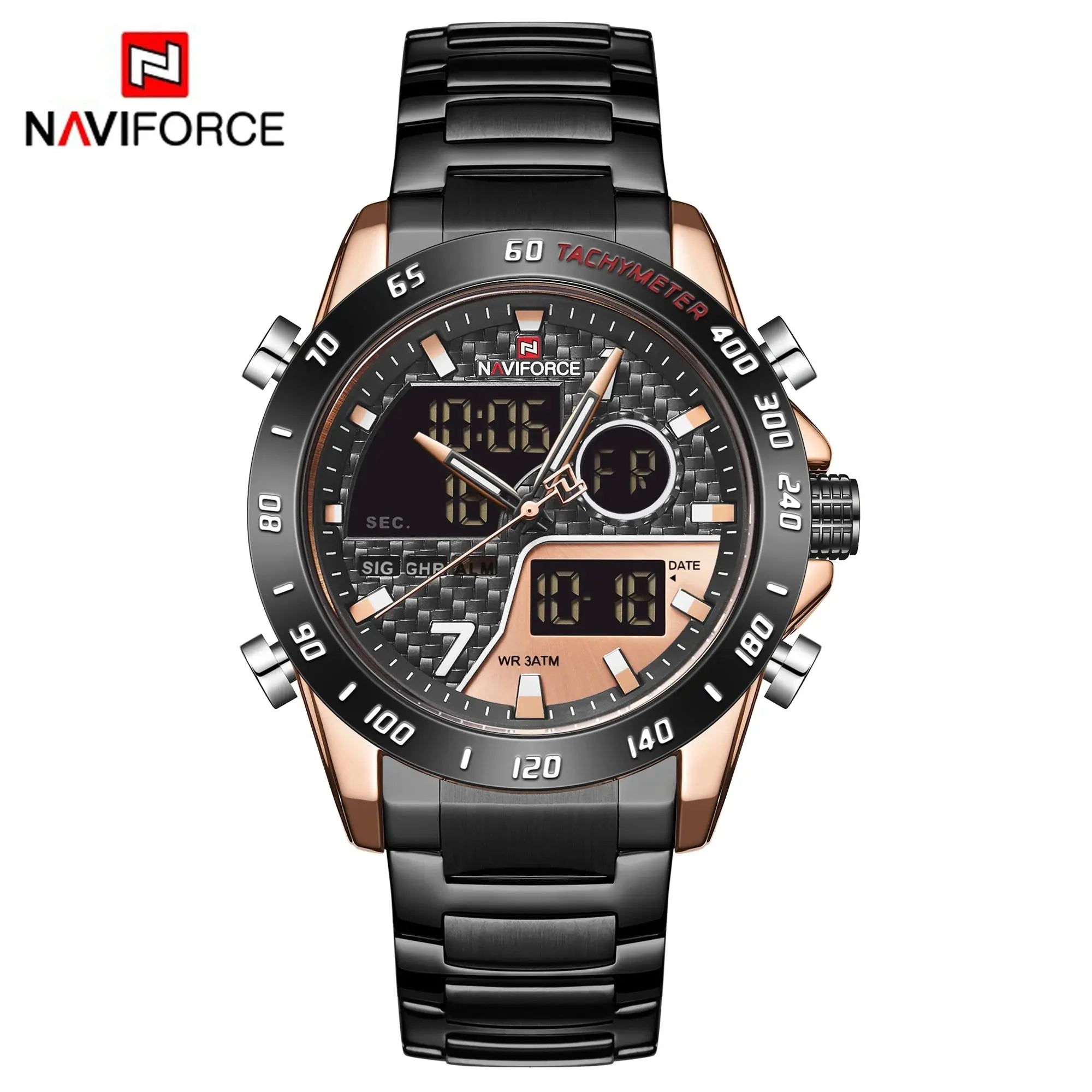 NAVIFORCE NF9171 Mens Digital Quartz Watch, LED, Stainless Steel, 45mm, Waterproof, Chronograph - STRAPS