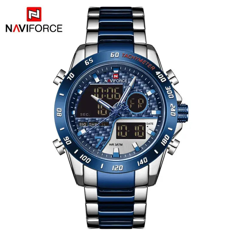 NAVIFORCE NF9171 Mens Digital Quartz Watch, LED, Stainless Steel, 45mm, Waterproof, Chronograph - STRAPS