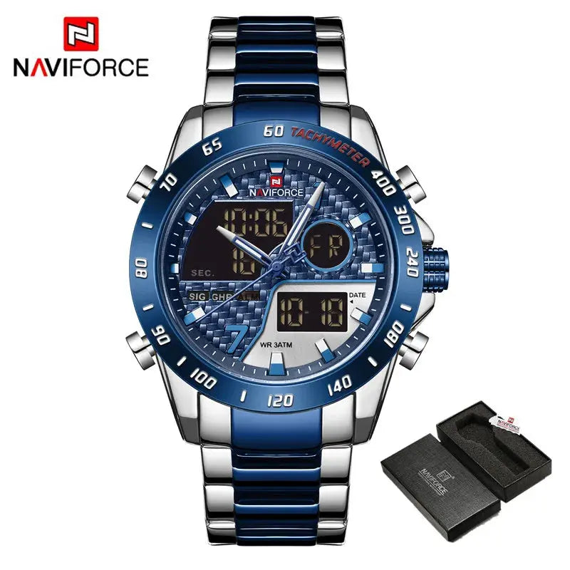 NAVIFORCE NF9171 Mens Digital Quartz Watch, LED, Stainless Steel, 45mm, Waterproof, Chronograph - STRAPS