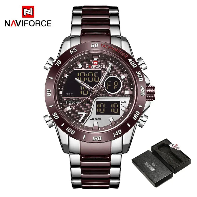 NAVIFORCE NF9171 Mens Digital Quartz Watch, LED, Stainless Steel, 45mm, Waterproof, Chronograph - STRAPS