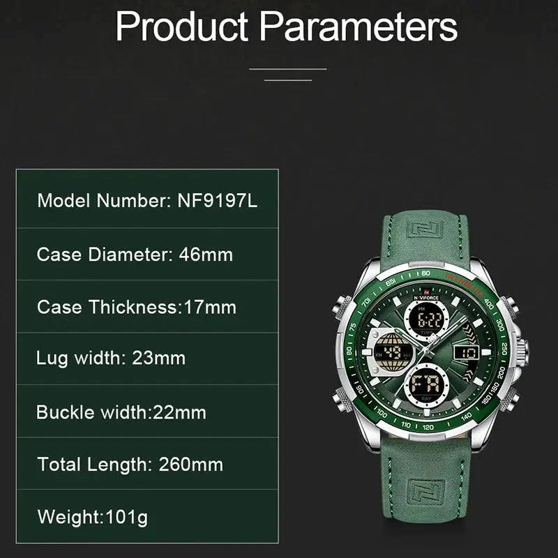 NAVIFORCE NF9197 Mens Luxury Quartz Watch, Chronograph, Leather or Steel, 46mm, Waterproof - STRAPS