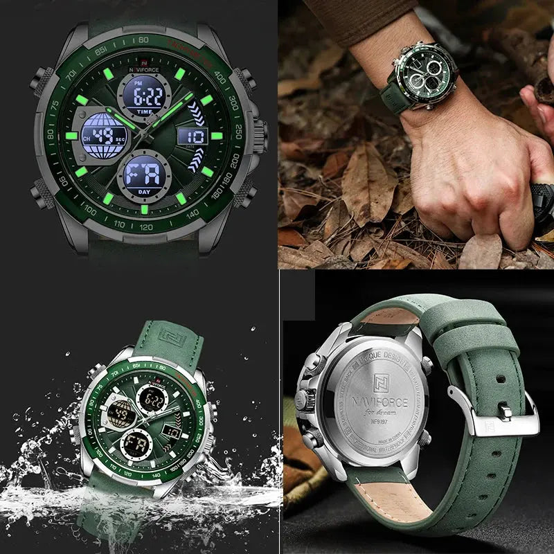 NAVIFORCE NF9197 Mens Luxury Quartz Watch, Chronograph, Leather or Steel, 46mm, Waterproof - STRAPS