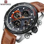 NAVIFORCE NF9197L Mens Sport Quartz Watch, Leather, Dual Display, 46mm, Waterproof, Luminous - STRAPS