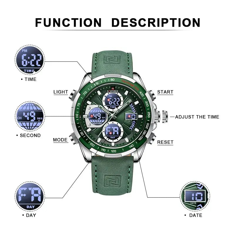 NAVIFORCE NF9197L Mens Sport Quartz Watch, Leather, Dual Display, 46mm, Waterproof, Luminous - STRAPS