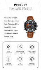 NAVIFORCE NF9197L Mens Sport Quartz Watch, Leather, Dual Display, 46mm, Waterproof, Luminous - STRAPS