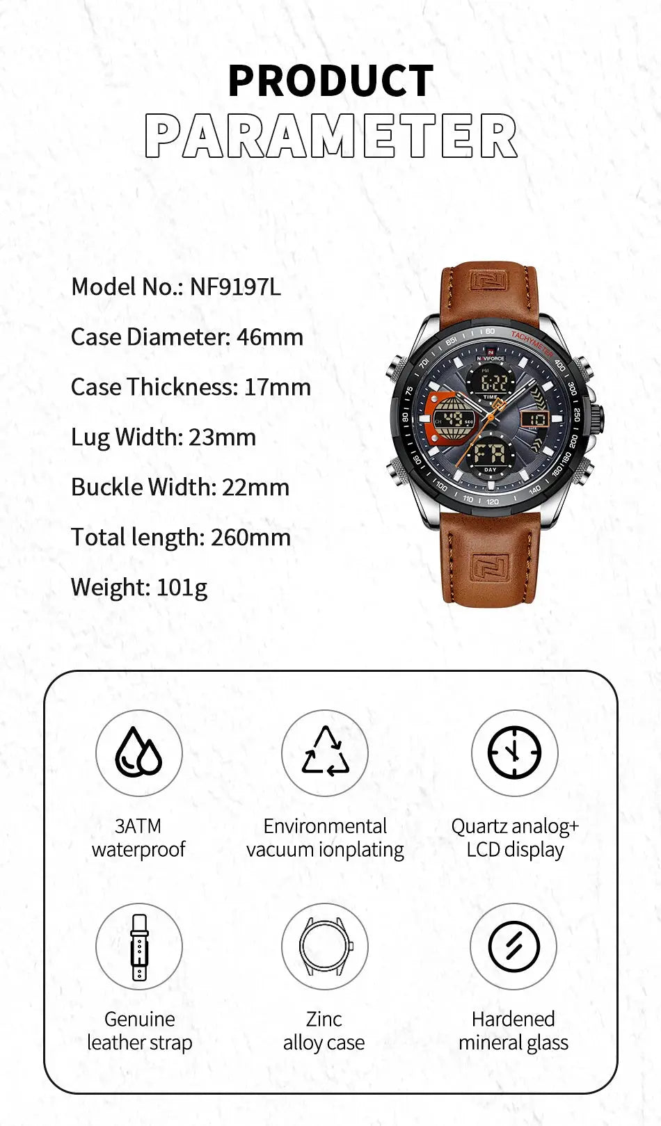 NAVIFORCE NF9197L Mens Sport Quartz Watch, Leather, Dual Display, 46mm, Waterproof, Luminous - STRAPS