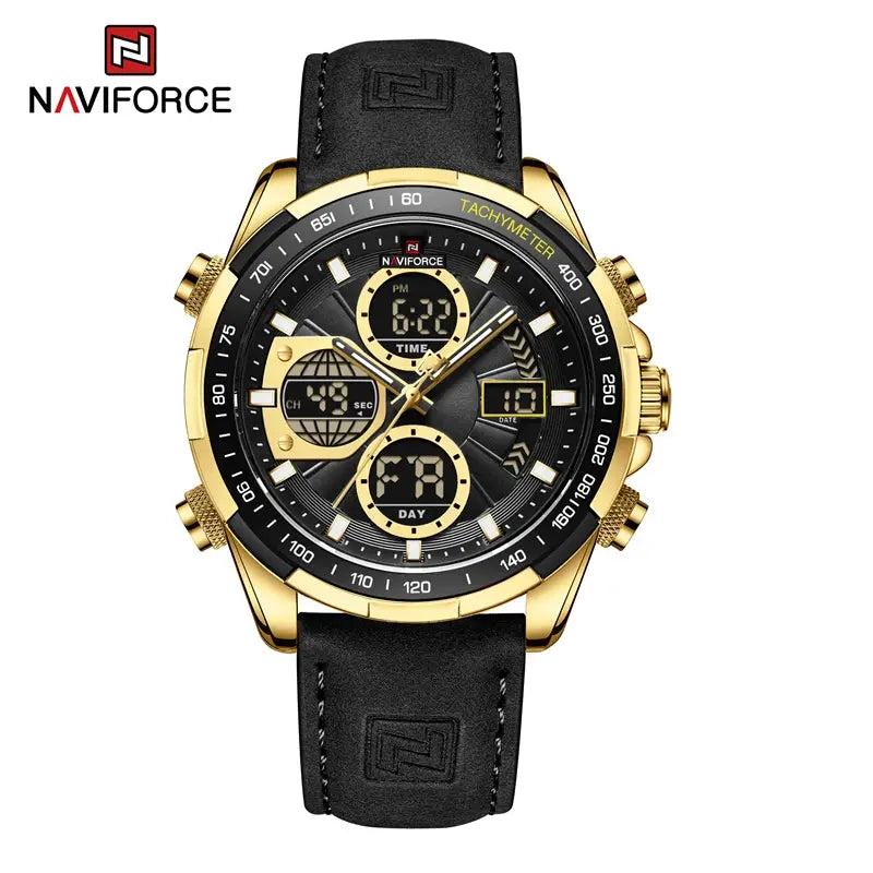 NAVIFORCE NF9197L Mens Sport Quartz Watch, Leather, Dual Display, 46mm, Waterproof, Luminous - STRAPS