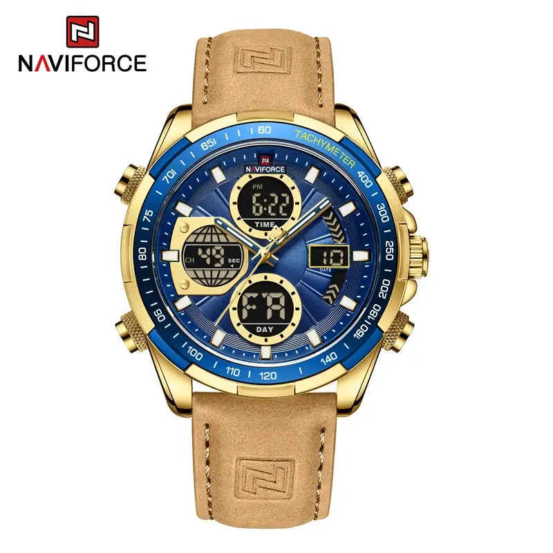 NAVIFORCE NF9197L Mens Sport Quartz Watch, Leather, Dual Display, 46mm, Waterproof, Luminous - STRAPS