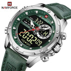 NAVIFORCE NF9208 Mens Leather Quartz Watch, Chronograph, Alarm, Digital, 45mm, Waterproof - STRAPS