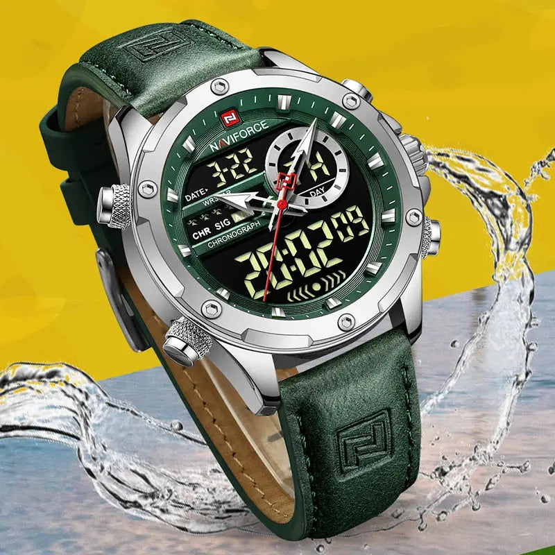 NAVIFORCE NF9208 Mens Leather Quartz Watch, Chronograph, Alarm, Digital, 45mm, Waterproof - STRAPS