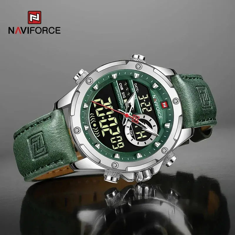 NAVIFORCE NF9208 Mens Leather Quartz Watch, Chronograph, Alarm, Digital, 45mm, Waterproof - STRAPS