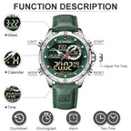 NAVIFORCE NF9208 Mens Leather Quartz Watch, Chronograph, Alarm, Digital, 45mm, Waterproof - STRAPS