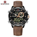 NAVIFORCE NF9208 Mens Leather Quartz Watch, Chronograph, Alarm, Digital, 45mm, Waterproof - STRAPS