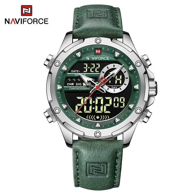 NAVIFORCE NF9208 Mens Leather Quartz Watch, Chronograph, Alarm, Digital, 45mm, Waterproof - STRAPS
