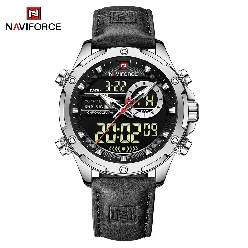 NAVIFORCE NF9208 Mens Leather Quartz Watch, Chronograph, Alarm, Digital, 45mm, Waterproof - STRAPS