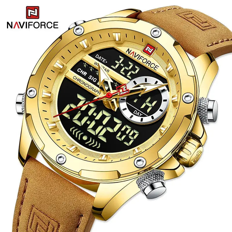 NAVIFORCE NF9208 Mens Luxury Leather Watch, Chronograph, Alarm, Dual Display, 45mm, Waterproof - STRAPS