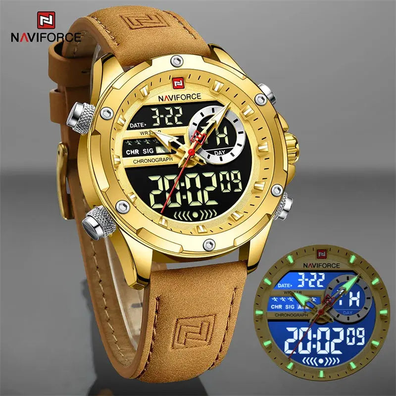NAVIFORCE NF9208 Mens Luxury Leather Watch, Chronograph, Alarm, Dual Display, 45mm, Waterproof - STRAPS