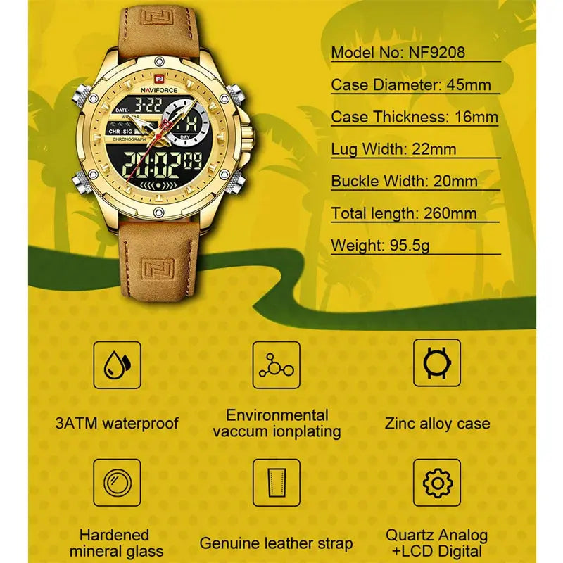 NAVIFORCE NF9208 Mens Luxury Leather Watch, Chronograph, Alarm, Dual Display, 45mm, Waterproof - STRAPS