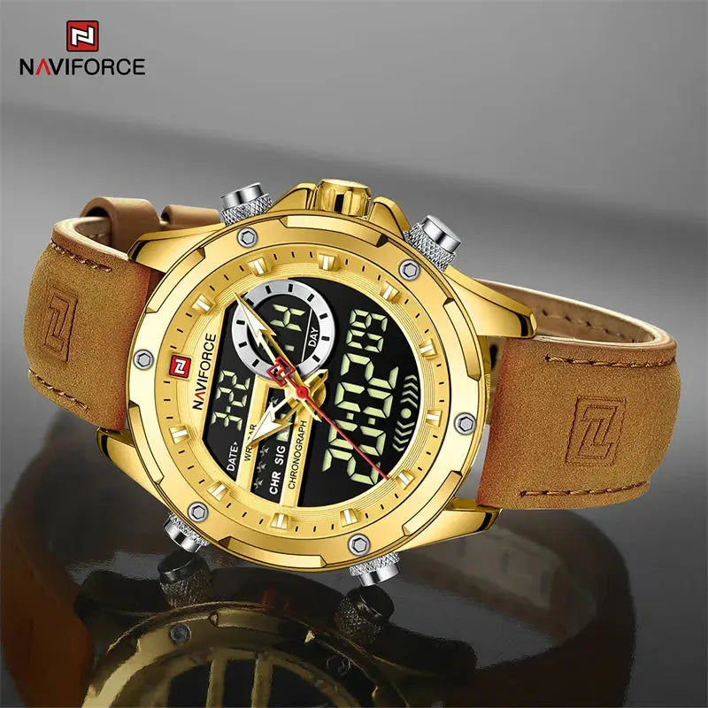 NAVIFORCE NF9208 Mens Luxury Leather Watch, Chronograph, Alarm, Dual Display, 45mm, Waterproof - STRAPS