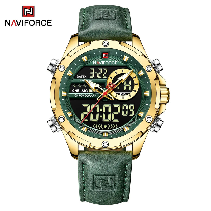 NAVIFORCE NF9208 Mens Luxury Leather Watch, Chronograph, Alarm, Dual Display, 45mm, Waterproof - STRAPS