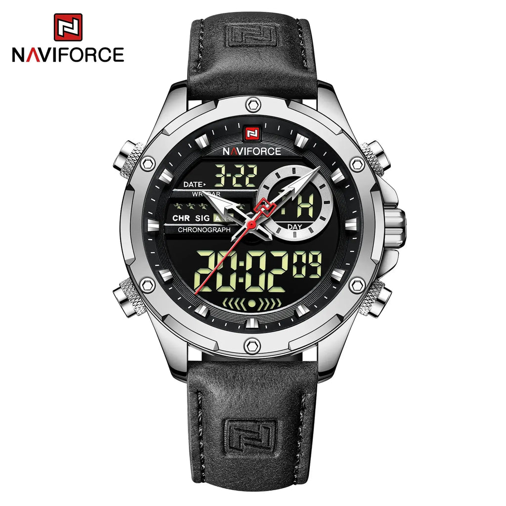 NAVIFORCE NF9208 Mens Luxury Leather Watch, Chronograph, Alarm, Dual Display, 45mm, Waterproof - STRAPS