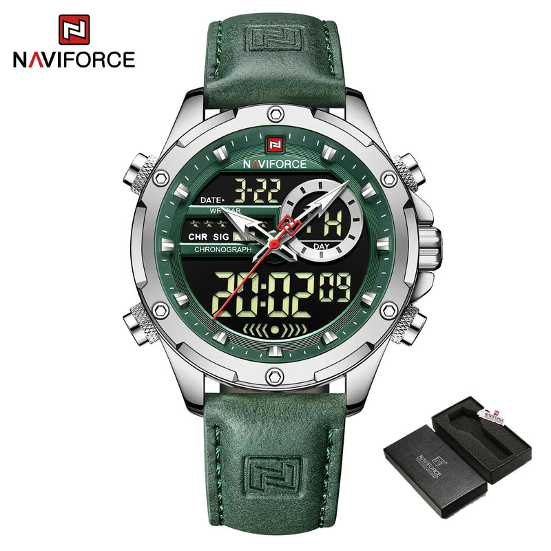 NAVIFORCE NF9208 Mens Luxury Leather Watch, Chronograph, Alarm, Dual Display, 45mm, Waterproof - STRAPS