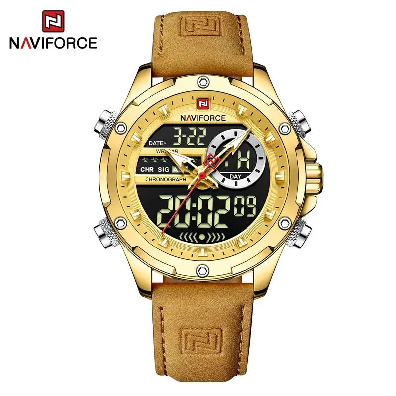 NAVIFORCE NF9208 Mens Luxury Leather Watch, Chronograph, Alarm, Dual Display, 45mm, Waterproof - STRAPS