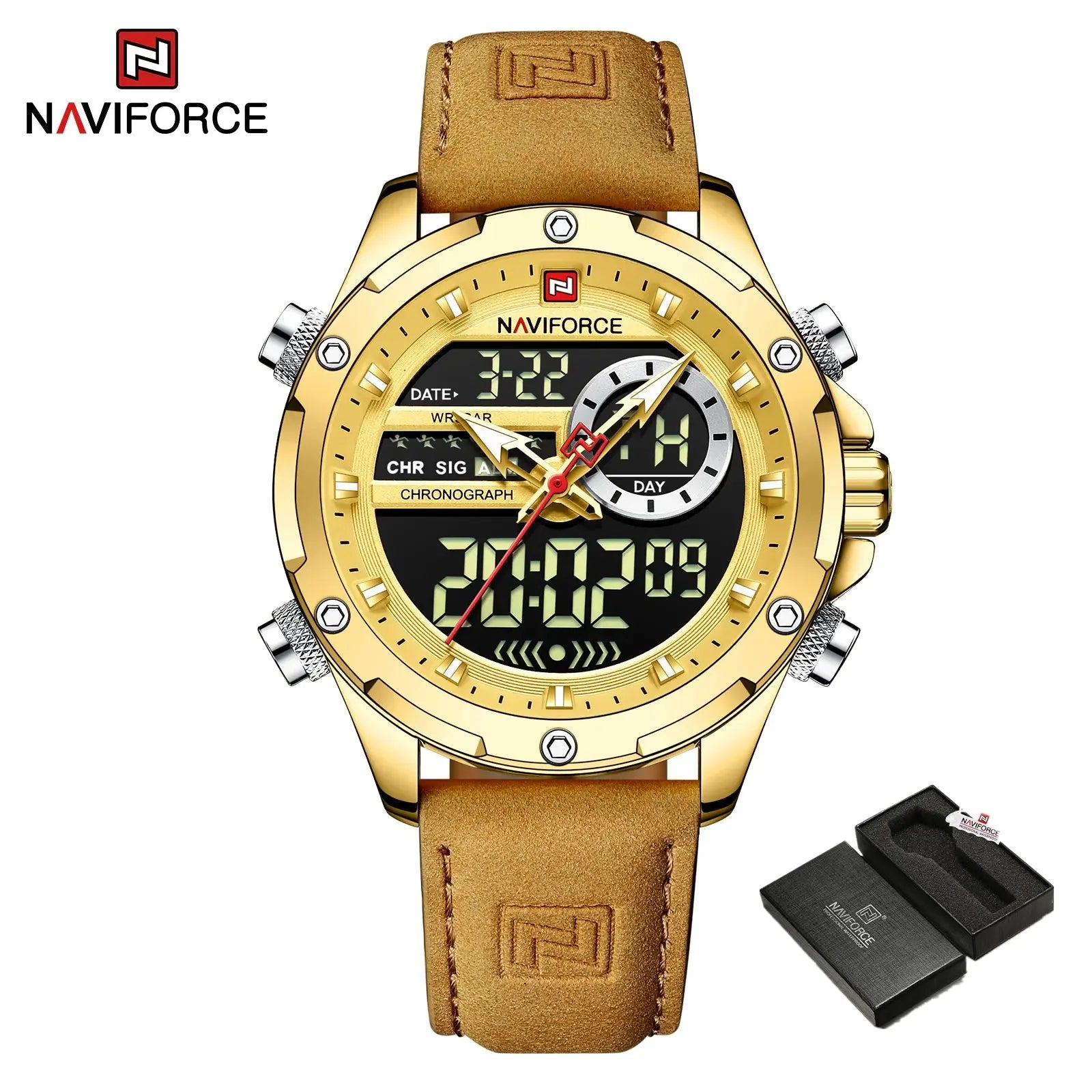 NAVIFORCE NF9208 Mens Luxury Leather Watch, Chronograph, Alarm, Dual Display, 45mm, Waterproof - STRAPS