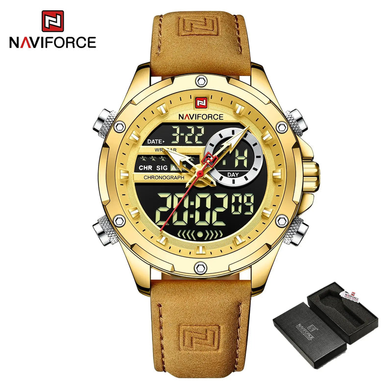 NAVIFORCE NF9208 Mens Luxury Leather Watch, Chronograph, Alarm, Dual Display, 45mm, Waterproof - STRAPS