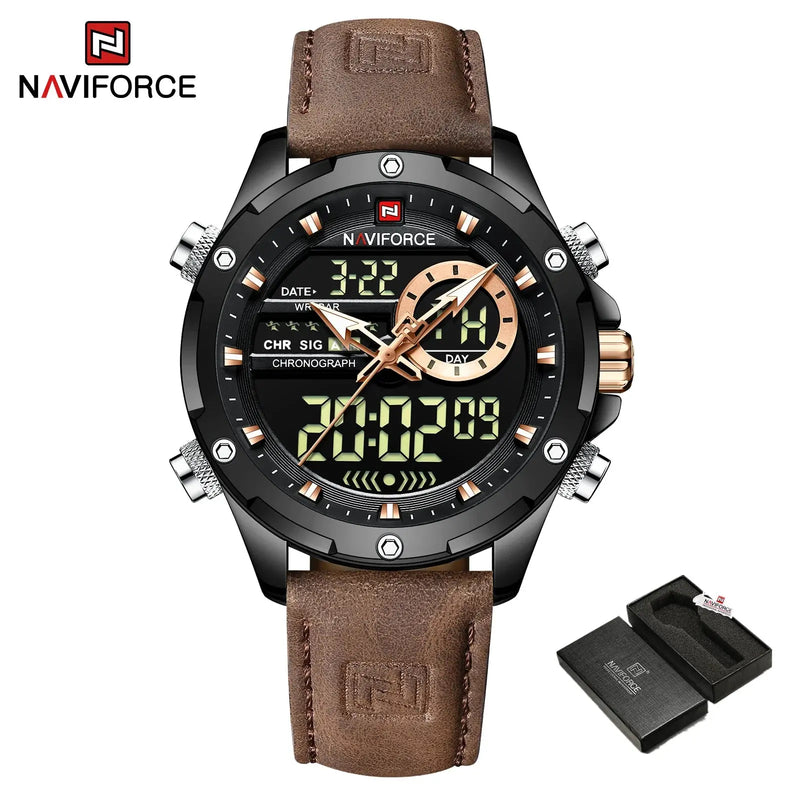 NAVIFORCE NF9208 Mens Luxury Leather Watch, Chronograph, Alarm, Dual Display, 45mm, Waterproof - STRAPS