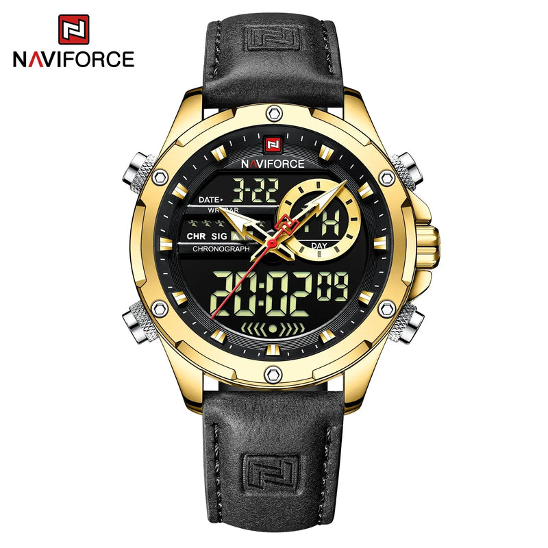 NAVIFORCE NF9208 Mens Luxury Leather Watch, Chronograph, Alarm, Dual Display, 45mm, Waterproof - STRAPS
