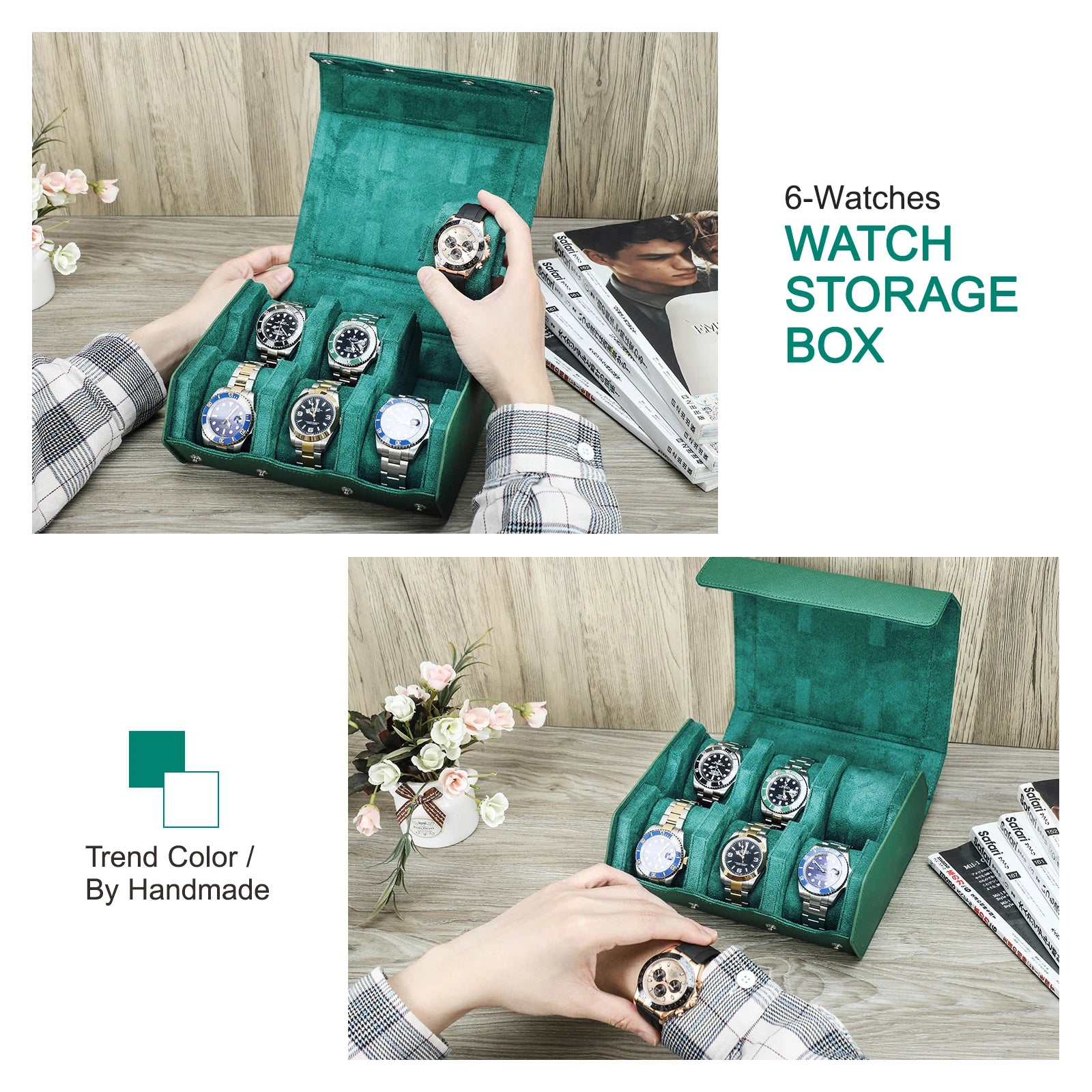 Exquisite Green Genuine Leather Hexagon Watch Roll STRAPS