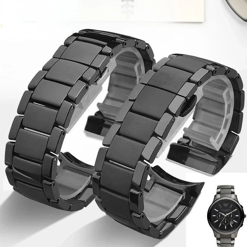 Ceramic Watch Strap for Emporio Armani AR1451 AR1452 AR1400 AR1410 24mm Matte/Bright Black Band