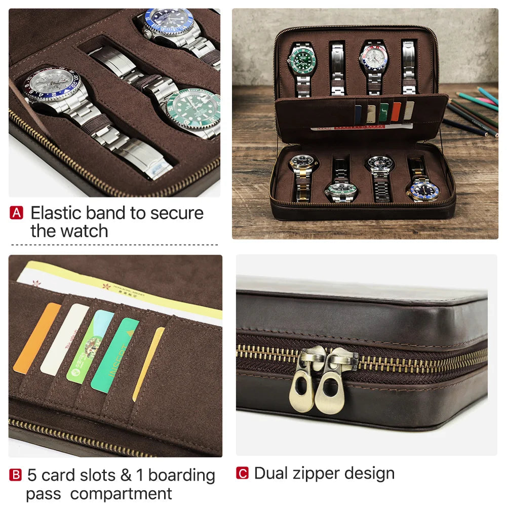 Crazy Horse Leather Watch Case - Vintage 4/8 Slot Zipper Travel Box STRAPS
