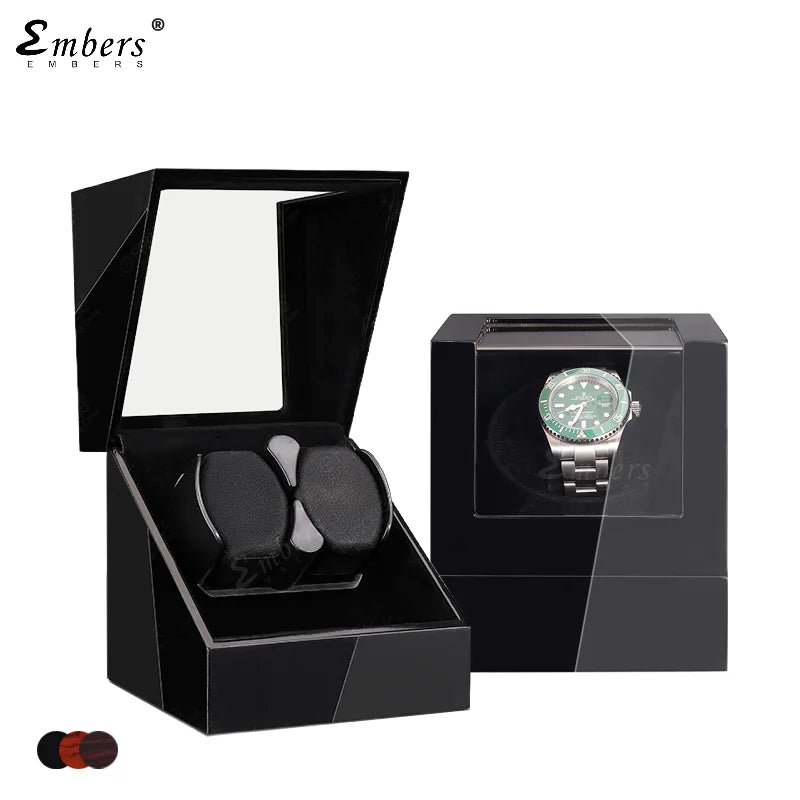 Single Watch Winder - Wooden Case with Glass Top & Quiet Mabuchi Motor STRAPS