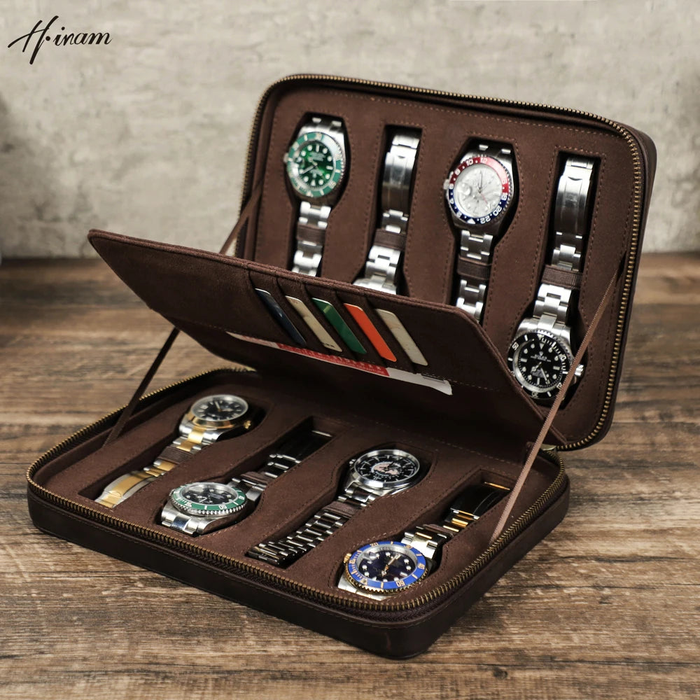 Crazy Horse Leather Watch Case - Vintage 4/8 Slot Zipper Travel Box STRAPS