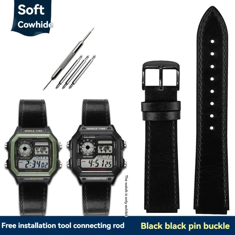Retro Leather Watch Strap for Casio AE1200 AE1300 F-108 W-216H W-218 WS-1400 W-737H – 18mm STRAPS