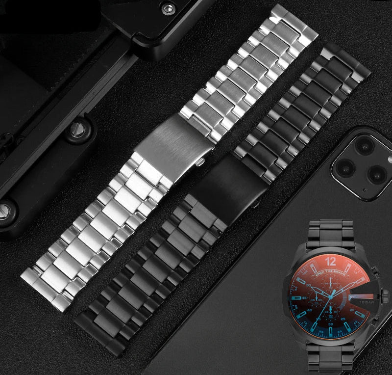Diesel DZ4318 DZ4323 DZ4283 DZ4309 Solid Stainless Steel Watch Strap | 26mm Glossy Black Arc Interface Bracelet STRAPS