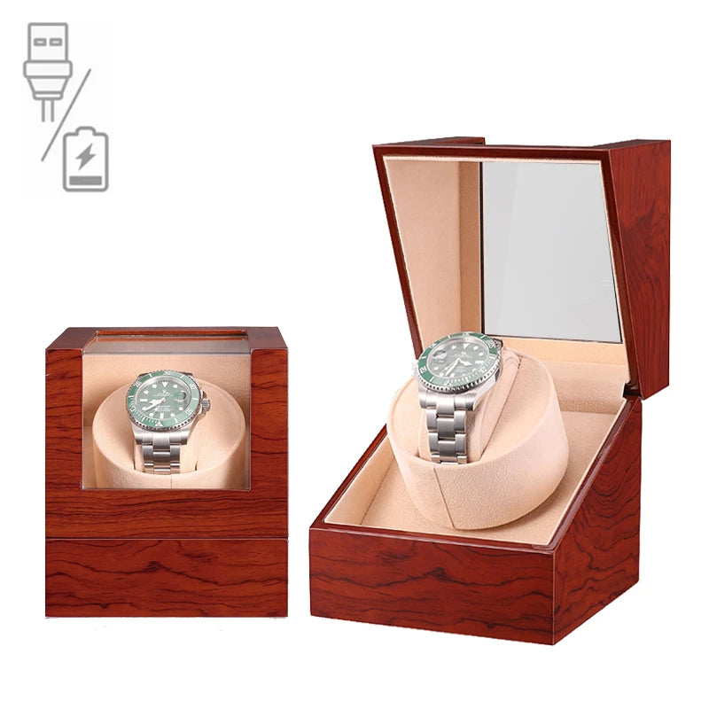 Single Watch Winder - Wooden Case with Glass Top & Quiet Mabuchi Motor STRAPS