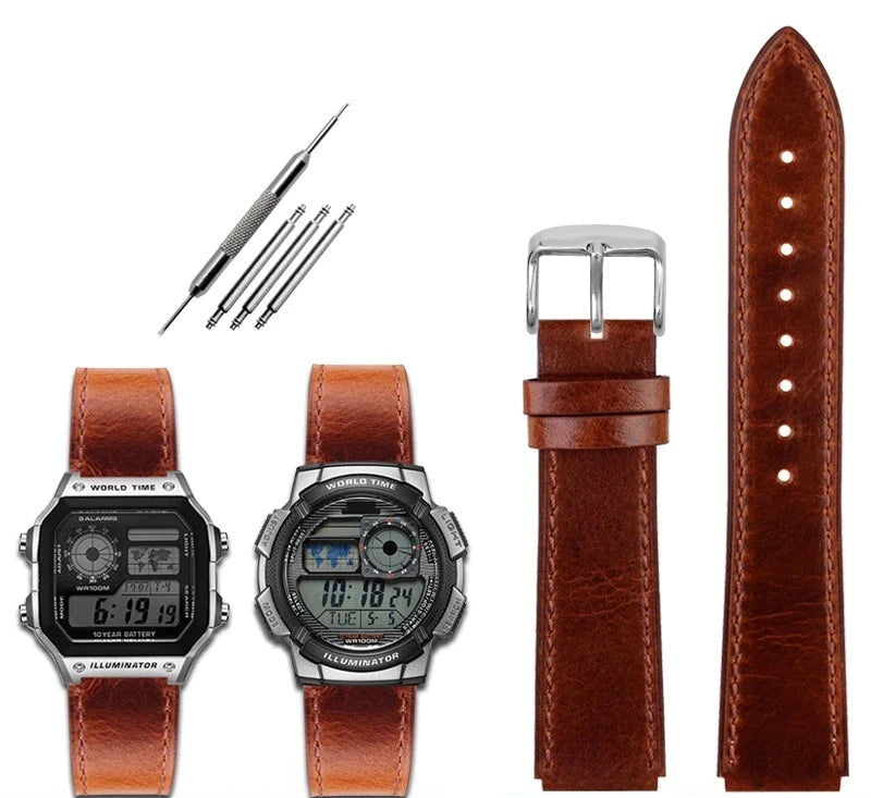 Retro Leather Watch Strap for Casio AE1200 AE1300 F-108 W-216H W-218 WS-1400 W-737H – 18mm STRAPS