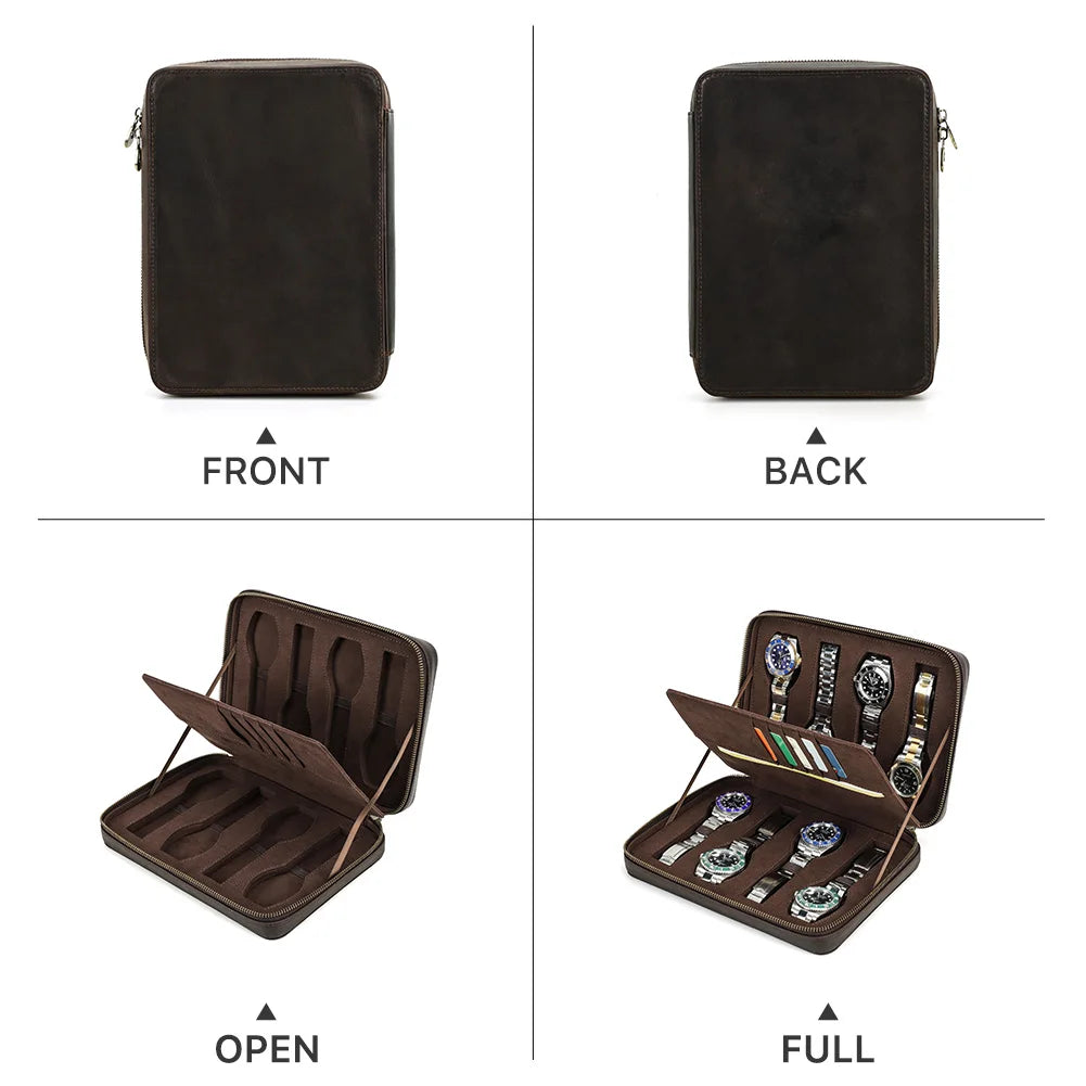 Crazy Horse Leather Watch Case - Vintage 4/8 Slot Zipper Travel Box STRAPS