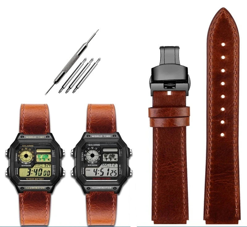 Retro Leather Watch Strap for Casio AE1200 AE1300 F-108 W-216H W-218 WS-1400 W-737H – 18mm STRAPS