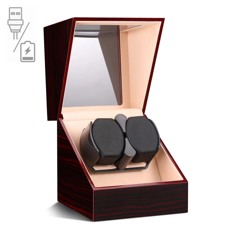 Single Watch Winder - Wooden Case with Glass Top & Quiet Mabuchi Motor STRAPS
