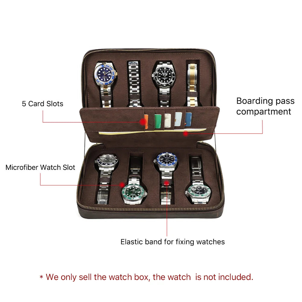 Crazy Horse Leather Watch Case - Vintage 4/8 Slot Zipper Travel Box STRAPS