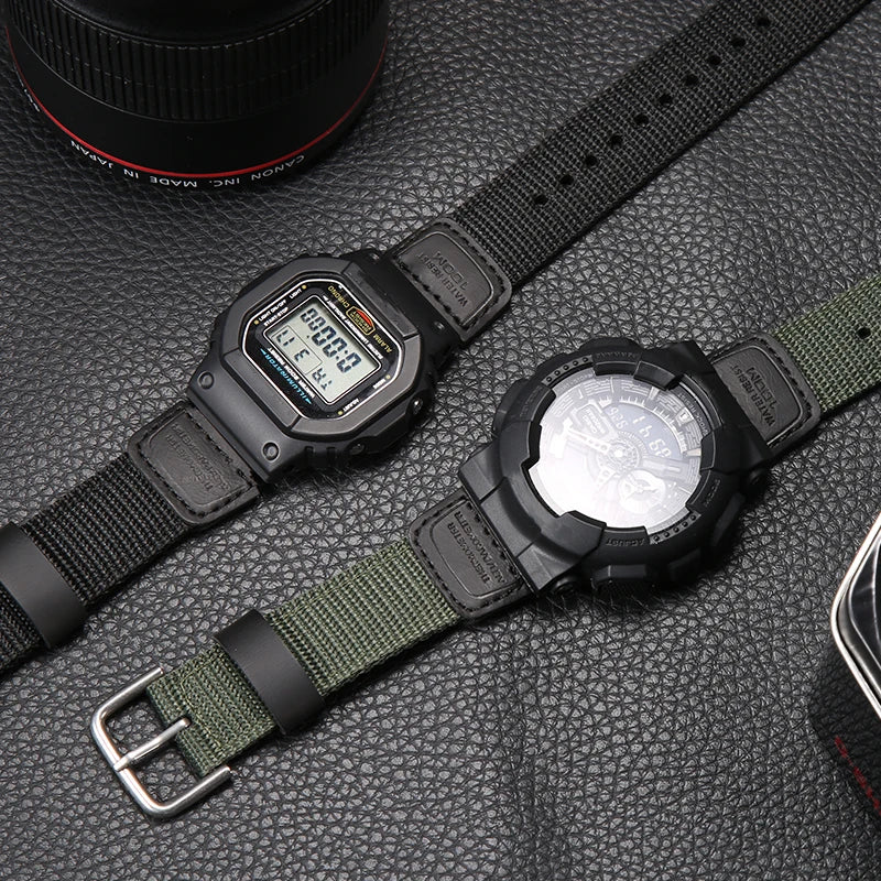 Nylon & Leather Hybrid Strap for Casio DW5600 GA2100 GA110 GA700 AWG-M100 16mm Sports Band STRAPS
