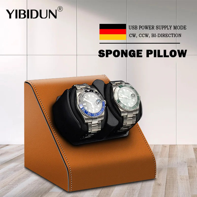 2-Slot Automatic Watch Winder - Leather Case with Mabuchi Motor STRAPS